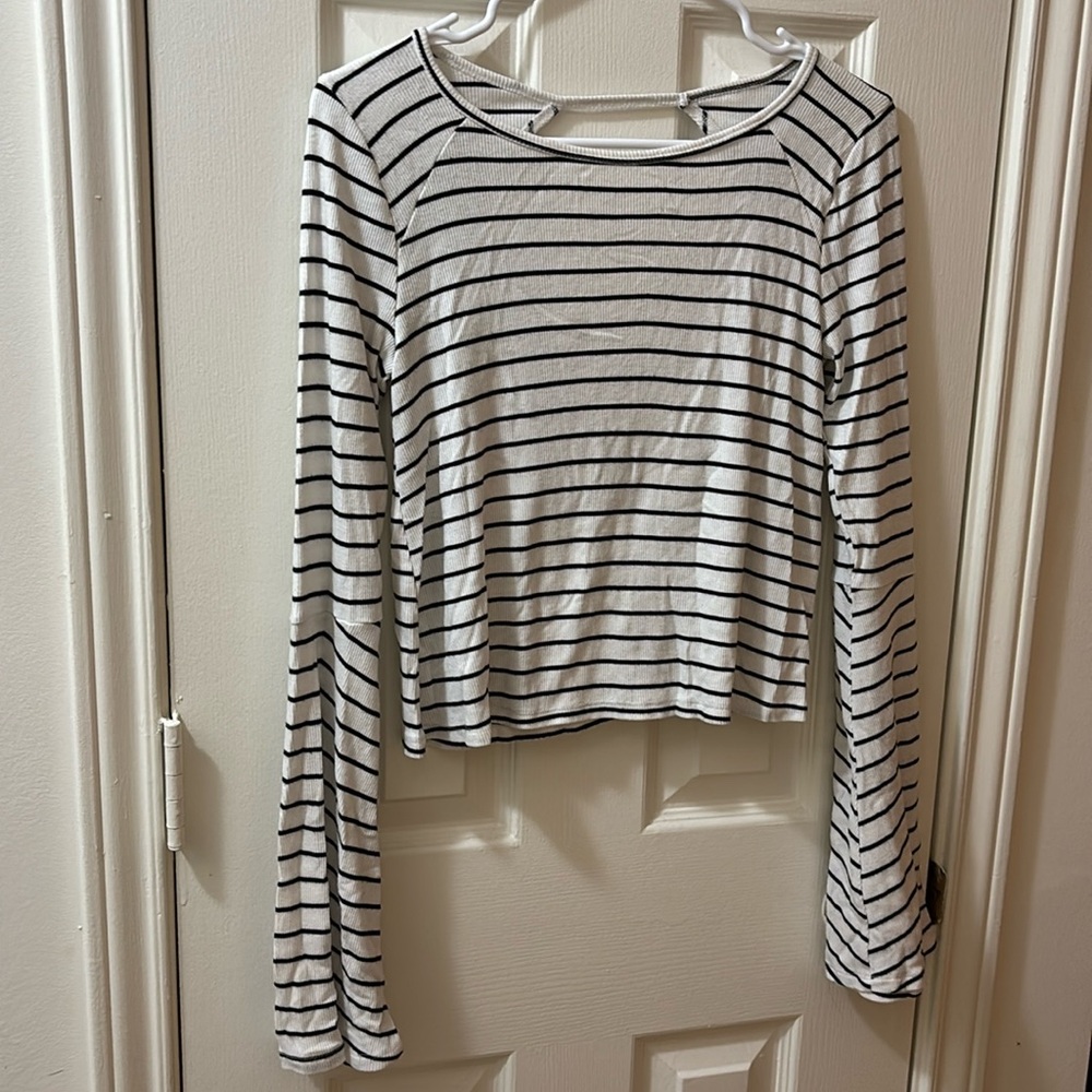 Hollister black and white striped bell sleeve knit top